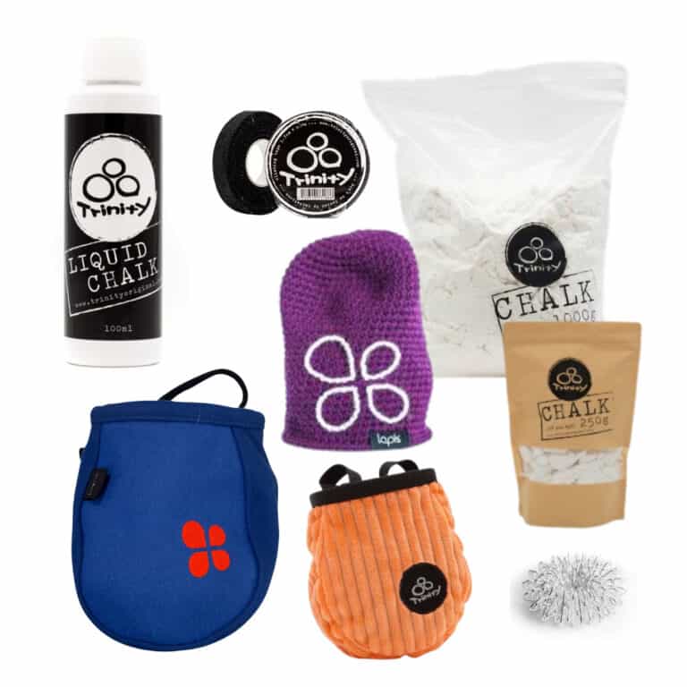 Lapis knitted beanie, chalk bag, Trinity chalk